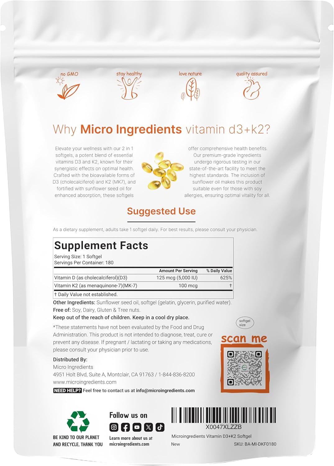 Micro Ingredients Vitamin D3 5,000 IU + K2 MK-7 100 mcg, 180 Soft gel capsules - görsel 2