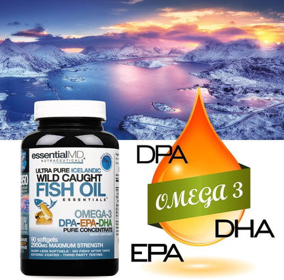 Triple Strength Wild Caught Icelandic Omega-3 Fish Oil Essentials – 2900mg with DPA, EPA & DHA – 90 Softgels – Burp-Free Formula