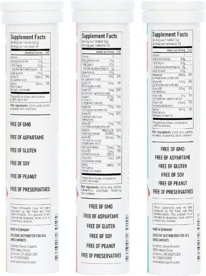 Swiss Imports Effervescent Variety Pack – Vitamin C, Magnesium + B Complex, Multivitamin + Biotin (6-Pack, 120 Tablets)