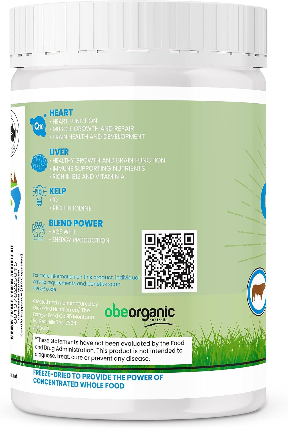 GRASSLAND NUTRITION 100% Organic Australian: Cardio Support Beef Organ Blend – CoQ10, B12, Iodine (180 Capsules) - görsel 3
