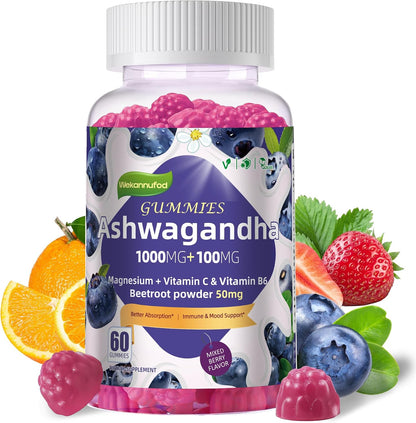 Ashwagandha Gummies 1000mg, 120 Count (2 Pack) – Organic Root Extract, Daily Adaptogen Gummies