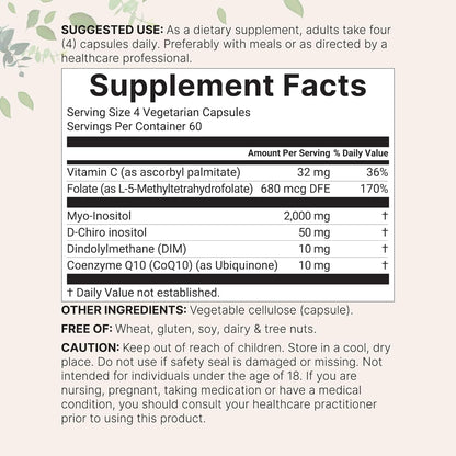 Myo-Inositol & D-Chiro Inositol 2,050mg | 240 Veggie Capsules + Vitamin C, Folate, DIM, & CoQ10 | Inositol Supplement for Women | 40:1 Ratio | Hormonal Balance & Ovarian Support | Filler Free