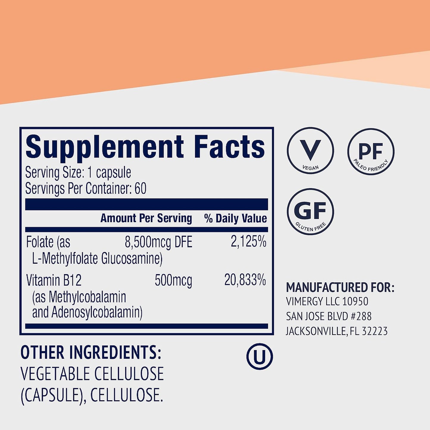 Vimergy 5-MTHF Capsules – 60 Servings with L-Methylfolate and Vitamin B12 - görsel 4