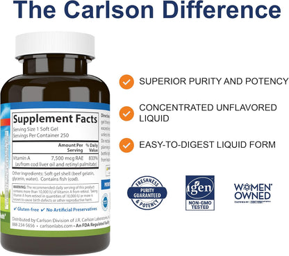 Carlson Vitamin A 25000 IU (7500 mcg RAE) Softgels – Immune Support and Vision Health