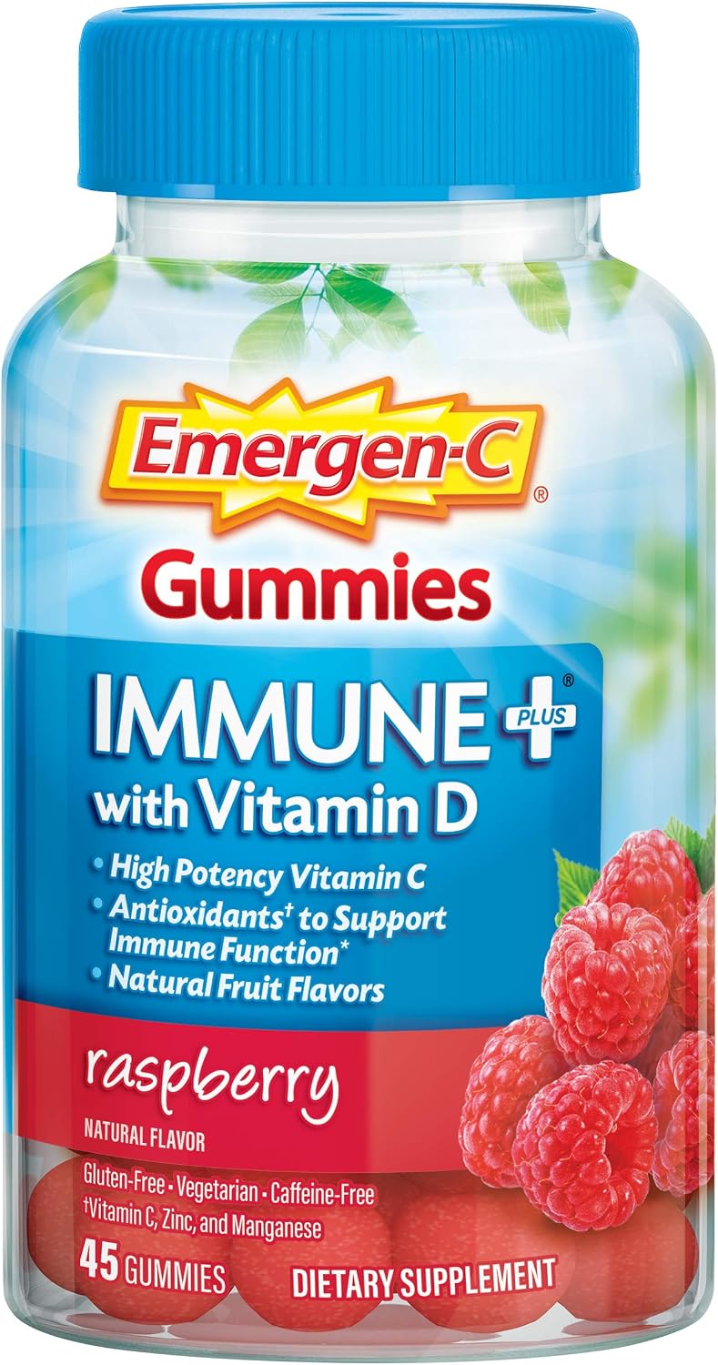 Emergen-C Immune+ Triple Action Immune Support Gummies, BetaVia, 1000mg Vitamin C, B Vitamins, Vitamin D, Zinc, Raspberry – 45 Count - görsel 1