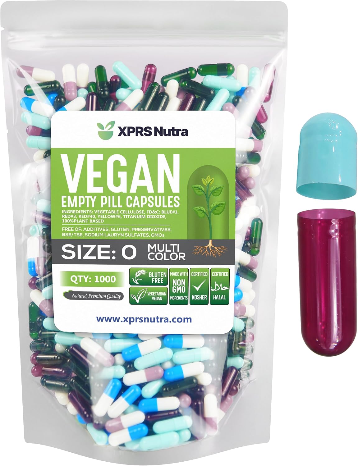 XPRS Nutra Size 0 Empty Capsules - 1000 Count Vegan Capsules for DIY Supplements (Multi Colour) - görsel 1