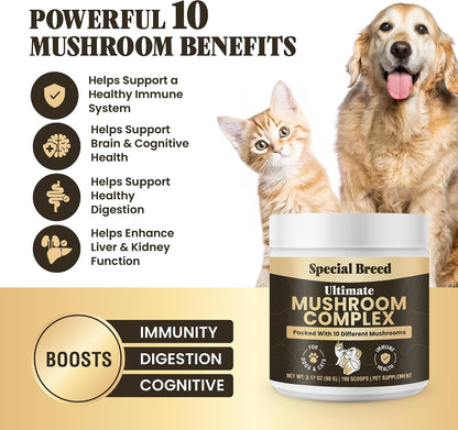 Organic Mushroom Powder for Dogs and Cats - Organic Mushroom Complex for Immune Support, Cognition and Vitality - 180 Scoops