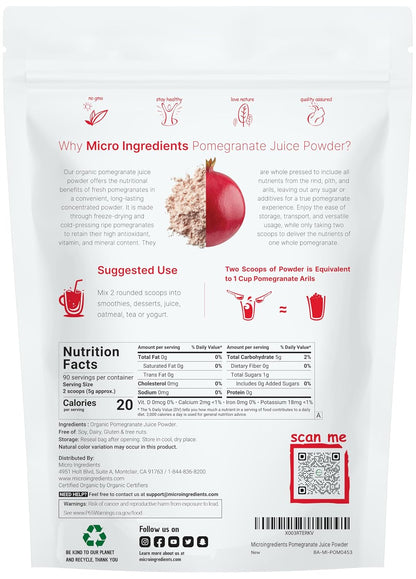 Micro Ingredients Organic Pomegranate Juice Powder, 454 g (1 lb) | Freeze Dried & Cold Pressed | No Sugar & Additives | Non-GMO & Vegan Friendly