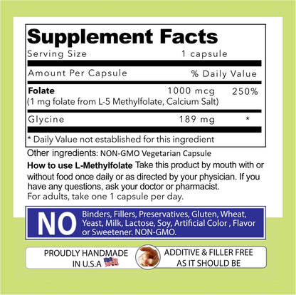 Our Daily Vites L-Methylfolate 1mg (1000mcg) Active Folate, 5-MTHF, 90 Capsules