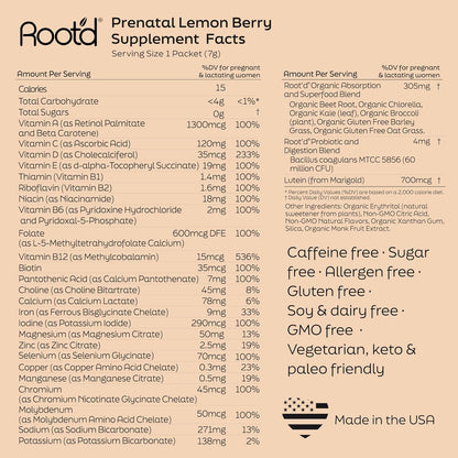 Root'd Prenatal Multivitamin Powder - 25 Vitamins & Minerals with 3X Electrolytes, Folate, Iron, D3, 7 Superfoods & Probiotics (24 Packets)