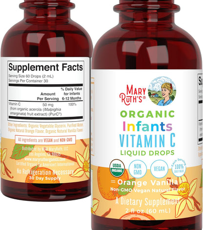 MaryRuth's Infant & Baby Vitamin C Supplement | USDA Organic Vitamin C Liquid Drops for Infants | Ages 6-12 Months | Immune Support | Overall Health | Vegan | Non-GMO | Gluten-free | 60 ml