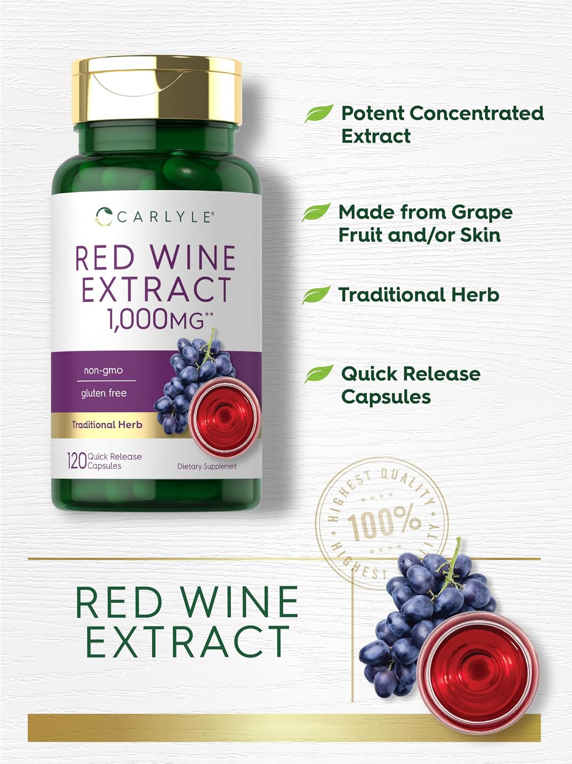Carlyle Red Wine Extract Capsules | 120 Capsules | Non-GMO and Gluten-free Supplement - görsel 3