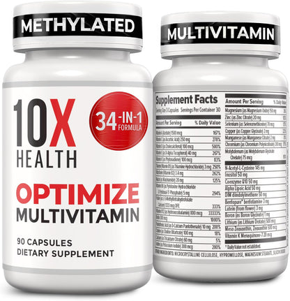 10X Health Optimise Methylated Multivitamin for Men and Women - 90 Capsules, 34-in-1 Formula with 800 mcg B12, 5-MTHF, NAC