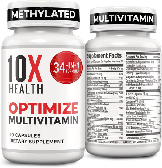 10X Health Optimise Methylated Multivitamin for Men and Women - 90 Capsules, 34-in-1 Formula with 800 mcg B12, 5-MTHF, NAC