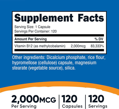 Nutricost Vitamin B12 (Methylcobalamin) 2000mcg, 120 Capsules