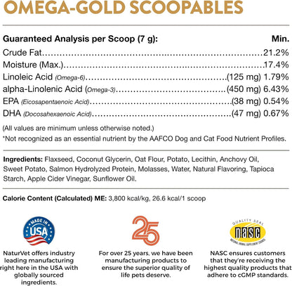 NaturVet Scoopables Omega-Gold Anchovy Oil & Salmon Supplement For Dogs and Cats - Supports Healthy Skin & Coat Plus DHA, EPA, Omega-3, & Omega-6 - Anchovy & Salmon Flavoured For Dog and Cat | 312g Bag