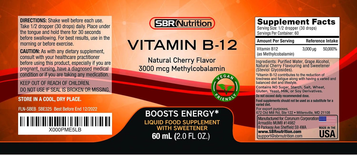 SBR Nutrition Vitamin B12 Sublingual Liquid Drops - Methylcobalamin, 3000mcg, Vegan, Non-GMO - görsel 9