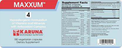 Karuna MAXXUM 4 Multivitamin and Mineral Supplement - 180 Vegetarian Capsules