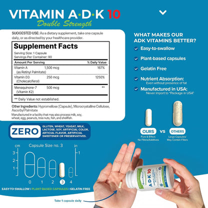 Power By Naturals ADK 10 Food Supplement - Vitamins A, D3 & K2 MK-7 - 90 Capsules