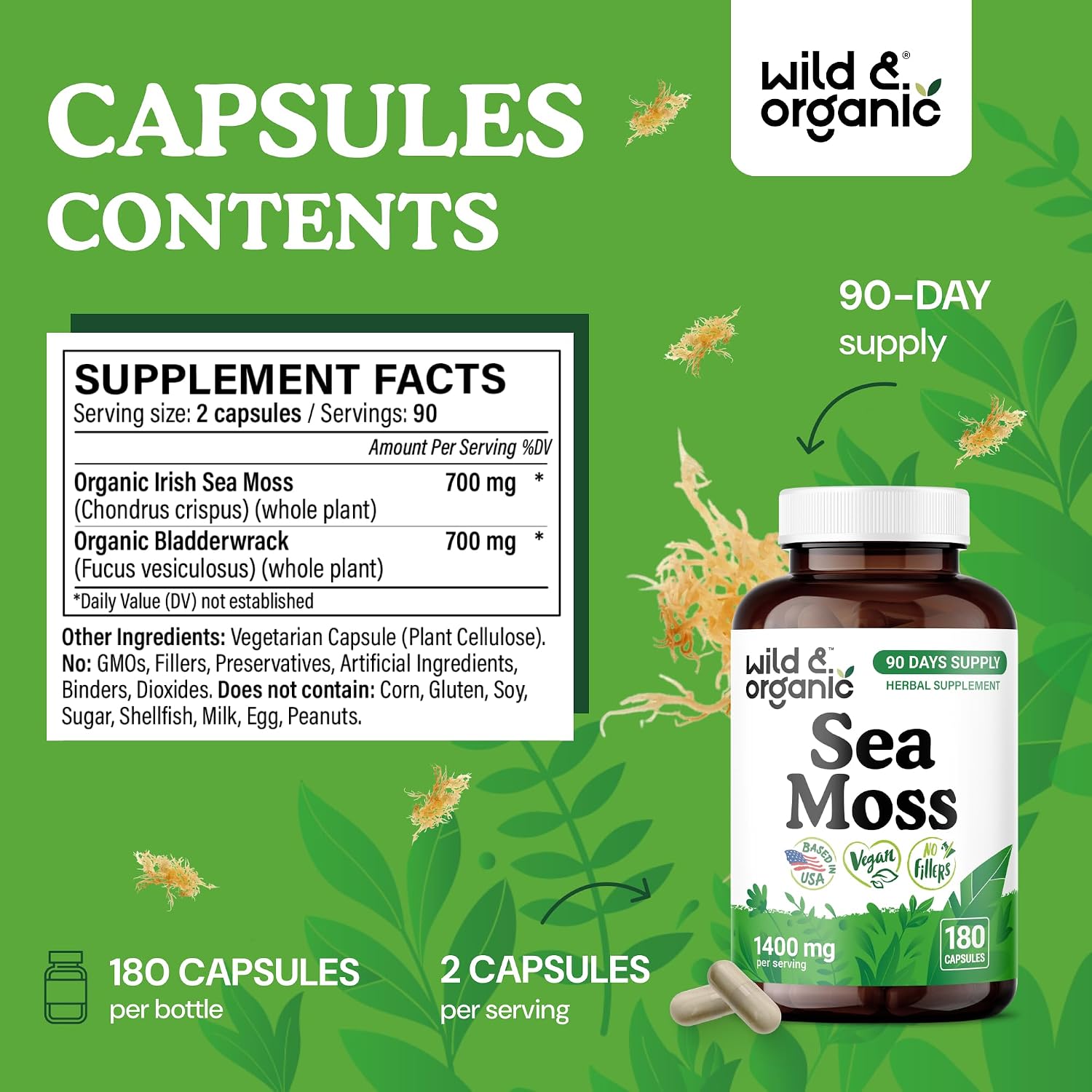 Wild & Organic Sea Moss Capsules - Irish Sea Moss Complex with Bladderwrack for Overall Wellbeing - 180 Vegan Seamoss Capsules - görsel 3