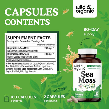 Wild & Organic Sea Moss Capsules - Irish Sea Moss Complex with Bladderwrack for Overall Wellbeing - 180 Vegan Seamoss Capsules