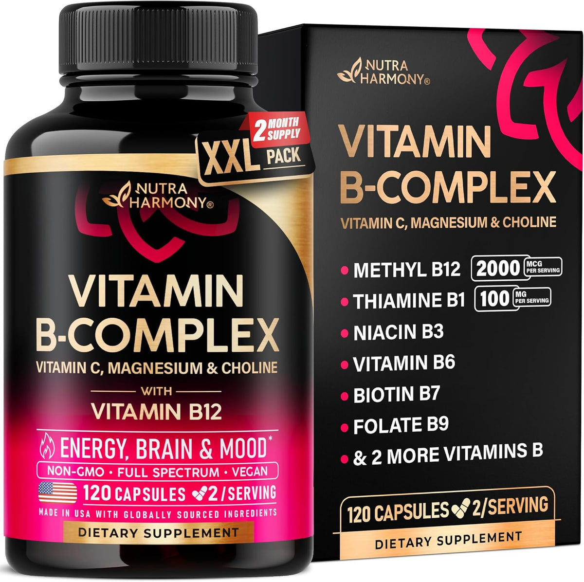 NUTRAHARMONY Vitamin B Complex – Full-Spectrum B Vitamins with Bioactive Folate & B12 – 120 Vegan Capsules - görsel 1
