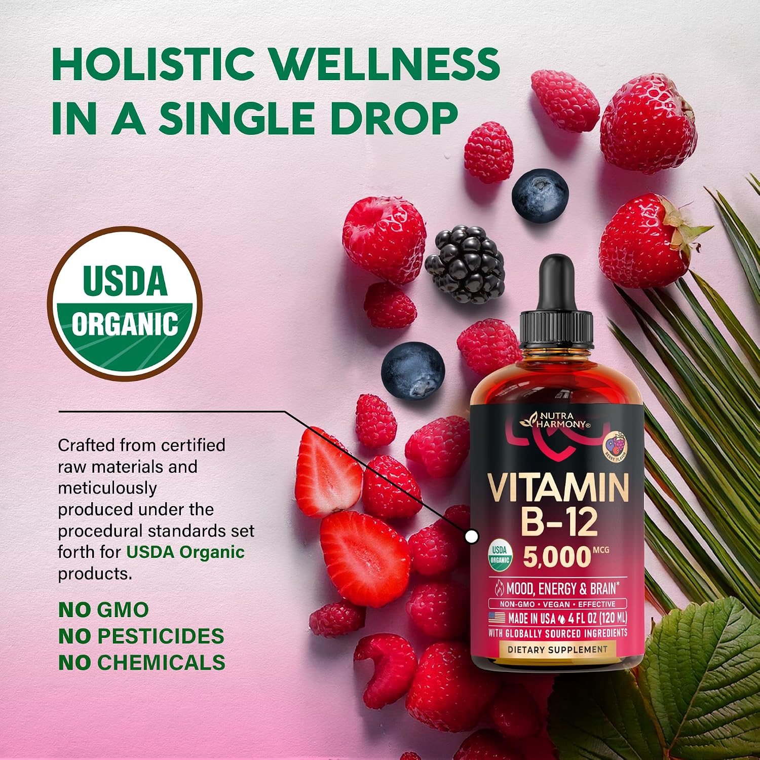USDA Organic Vitamin B12 Sublingual Drops - 5000mcg Liquid Methylcobalamin for Women & Men - Energy, Focus, Mood & Brain Health - 4 Month Supply - görsel 4