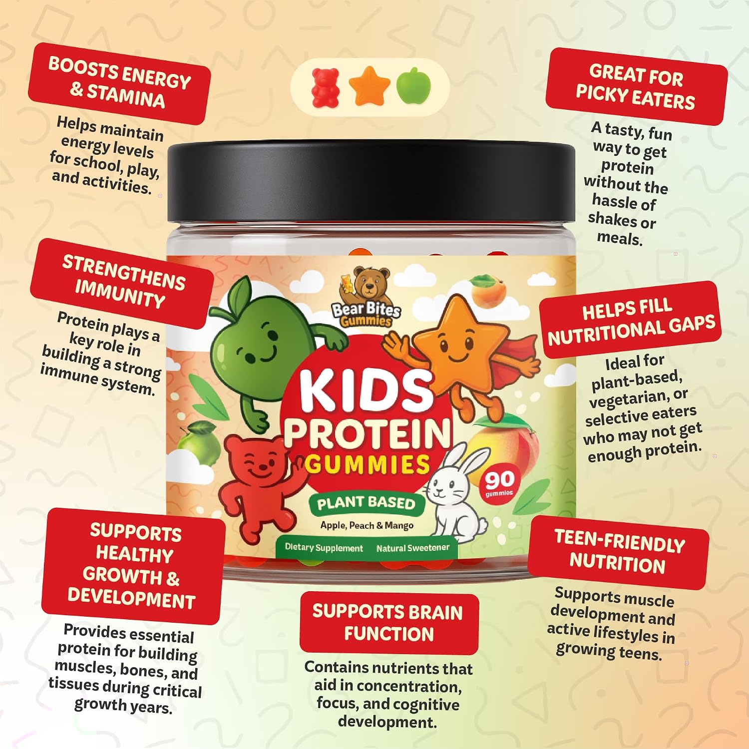 Bear Bites Gummies - Plant-Based Kids Protein Gummies – Vegan, Sugar Free, Gluten-free, Vitamin C – Immune Support, Protein Snacks – Tasty Apple, Peach, Mango Flavours – 90 Count – No Artificial Flavours - görsel 4