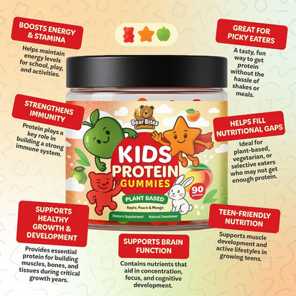Bear Bites Gummies - Plant-Based Kids Protein Gummies – Vegan, Sugar Free, Gluten-free, Vitamin C – Immune Support, Protein Snacks – Tasty Apple, Peach, Mango Flavours – 90 Count – No Artificial Flavours
