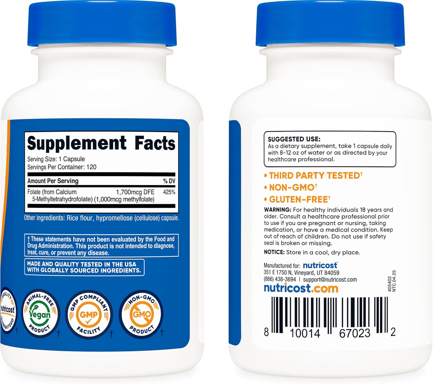 Nutricost Methylfolate 1000 mcg, 120 Vegetarian Capsules – Gluten-Free, Non-GMO (Active Folate) - görsel 4