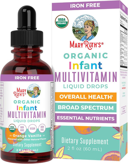 MaryRuth's Organics Infant Multivitamin Liquid Drops with Iron, USDA Organic, for Babies 6-12 Months, 2 Fl Oz (59 ml)
