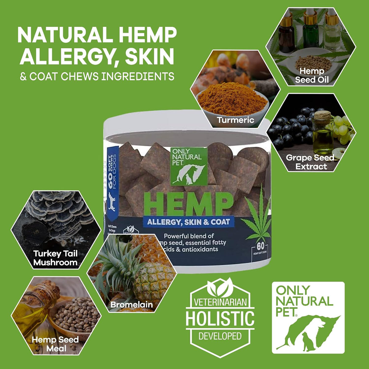 Only Natural Pet Allergy, Skin & Coat Hemp Soft Chews - Allergy Immune Bites for Dogs, Omega-3 Supplement, Calming Treats for Itchy Skin Relief, Hot Spot - (60 Chews) - görsel 1