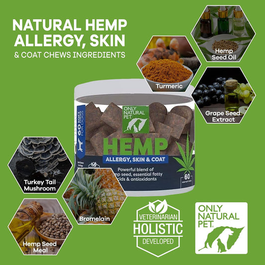 Only Natural Pet Allergy, Skin & Coat Hemp Soft Chews - Allergy Immune Bites for Dogs, Omega-3 Supplement, Calming Treats for Itchy Skin Relief, Hot Spot - (60 Chews)