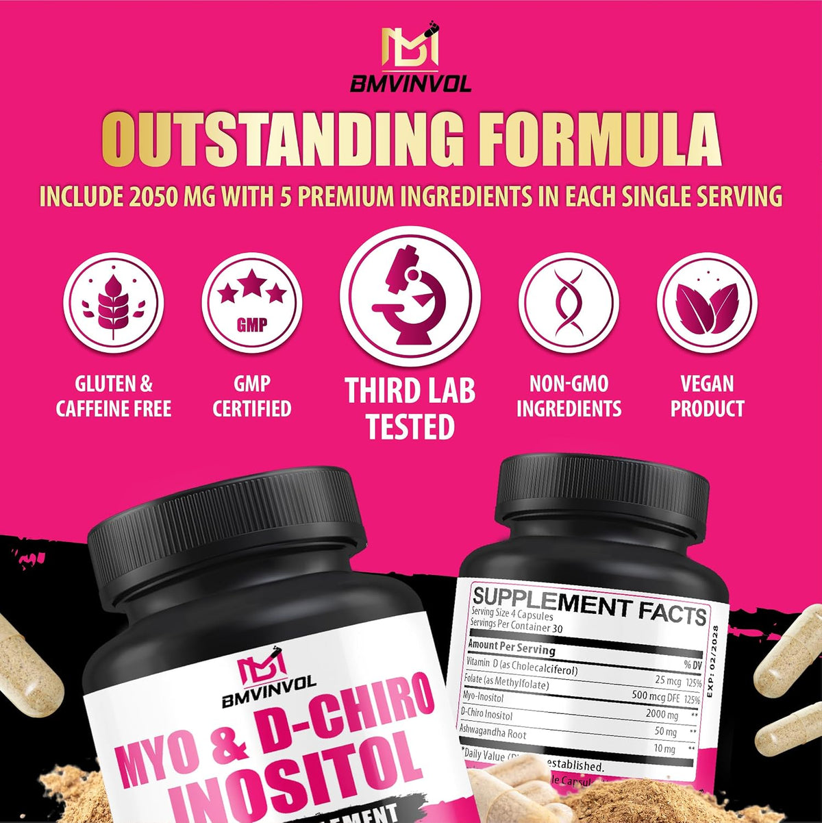 BMVINVOL 2,050mg Myo-Inositol & D-Chiro Inositol Capsules with Folate, Vitamin D & Ashwagandha - 40:1 Ratio for Hormone Balance - 120 Capsules - görsel 7