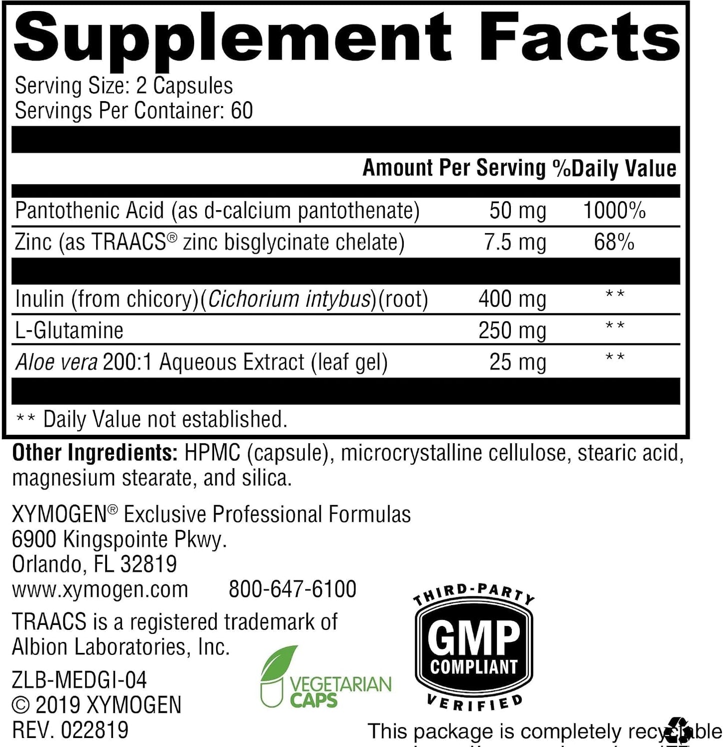 XYMOGEN MedCaps GI - L-Glutamine, Zinc & Prebiotic Inulin - GI Lining Support - with Aloe Leaf Extract - Vegetarian & Non-GM - 120 Capsules - görsel 2