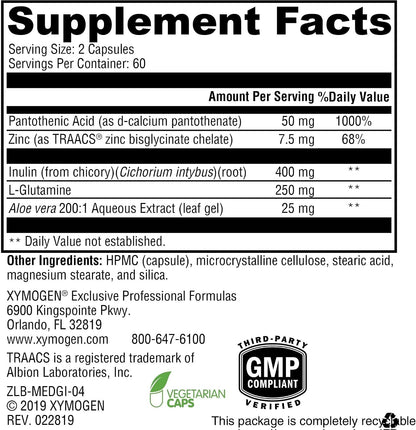 XYMOGEN MedCaps GI - L-Glutamine, Zinc & Prebiotic Inulin - GI Lining Support - with Aloe Leaf Extract - Vegetarian & Non-GM - 120 Capsules