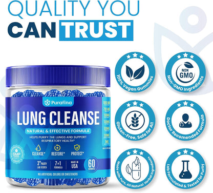Purafina Lung Cleanse Gummies - 7-in-1 Respiratory and Lung Health Support with Organic Mullein Leaf Extract, Quercetin, Nettle Root, Boswellia, Bromelain - Non-GMO (60 Gummies)