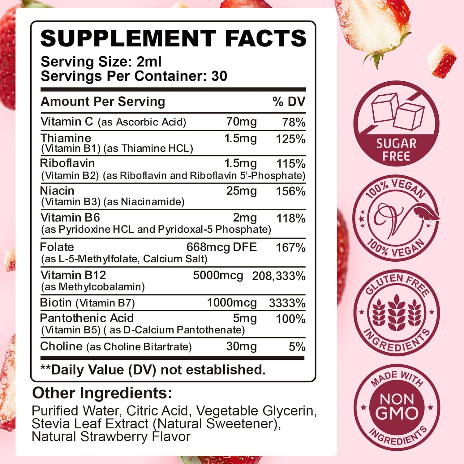 CFILIHTC Vitamin B Complex Liquid Drops - B1, B2, B3, B5, B6, B7, B9, Methyl B12 5000mcg - Strawberry Flavour - Vegan - görsel 7