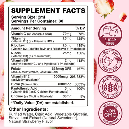 CFILIHTC Vitamin B Complex Liquid Drops - B1, B2, B3, B5, B6, B7, B9, Methyl B12 5000mcg - Strawberry Flavour - Vegan