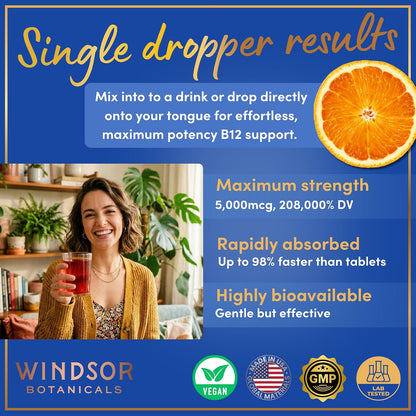 WINDSOR BOTANICALS Vegan Vitamin B12 Liquid – Max Strength 5000 mcg Methylcobalamin Sublingual Drops – Citrus Flavour