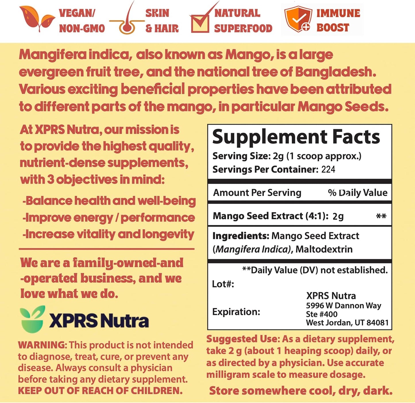 XPRS Nutra Mango Seed Extract Powder - Premium Mango Seeds (Mangifera Indica) - Fresh Non-GMO Wild Extract Powder - Vegan Food Supplement (454 g) - görsel 7