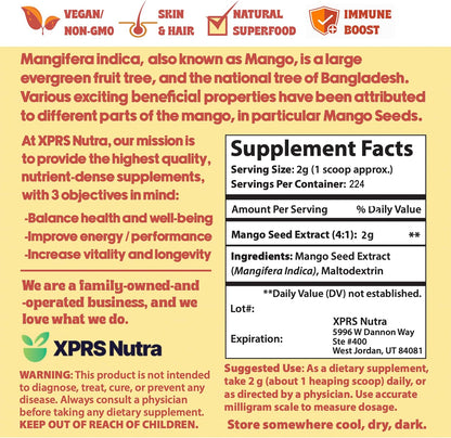 XPRS Nutra Mango Seed Extract Powder - Premium Mango Seeds (Mangifera Indica) - Fresh Non-GMO Wild Extract Powder - Vegan Food Supplement (454 g)