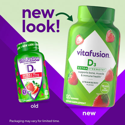 Vitafusion Extra Strength Vitamin D3 Gummies, Strawberry, 120 Count