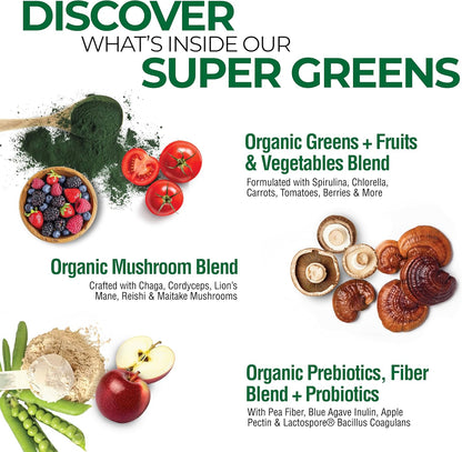 Country Farms Super Greens Natural Flavour – Organic Superfood Powder with Fibre, Mushrooms & Probiotics (60 Servings, 900g)