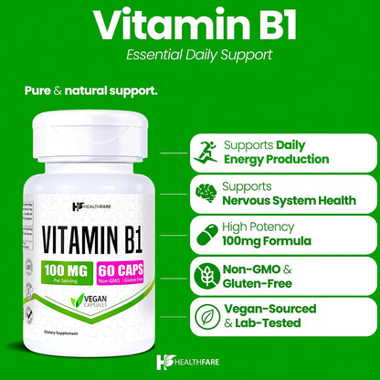 Healthfare Vitamin B1 100mg – Thiamine Supplement, 60 Capsules