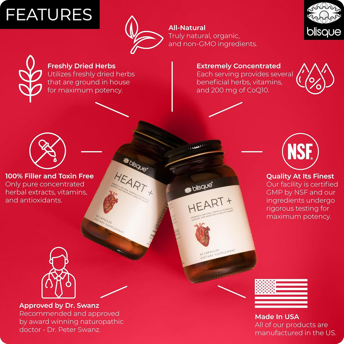 Blisque HEART+ – Natural Blood Pressure Support Supplement with CoQ10, Hawthorn Berry, Beet Root, Turmeric, 90 Capsules - görsel 3