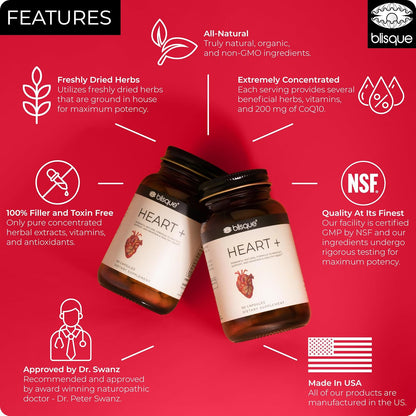 Blisque HEART+ – Natural Blood Pressure Support Supplement with CoQ10, Hawthorn Berry, Beet Root, Turmeric, 90 Capsules