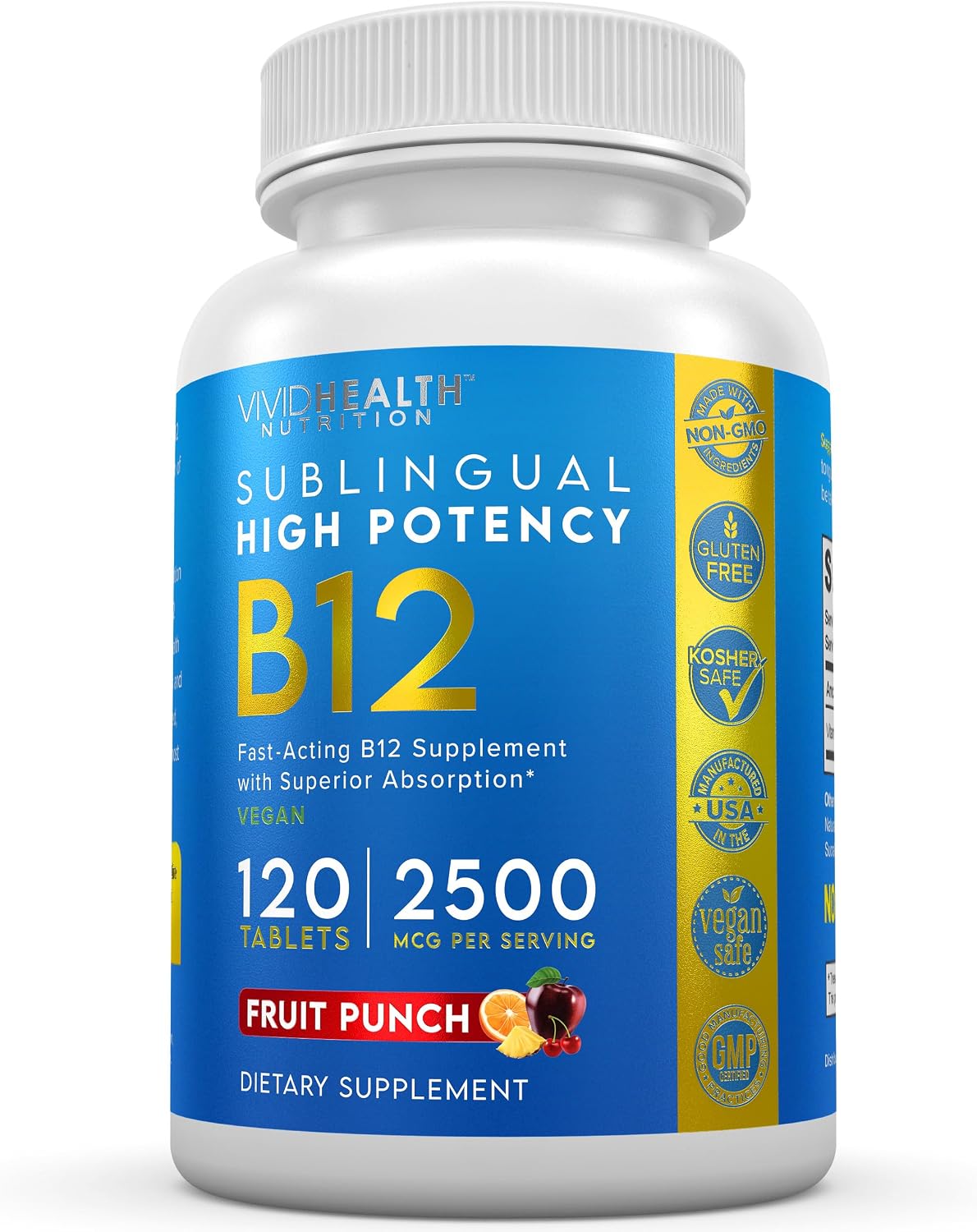 Energy-Boosting Vitamin B12 Sublingual Tablets | Quick Dissolve Vegan B12 with Methylcobalamin, 120 Fruit Punch Tablets - görsel 1