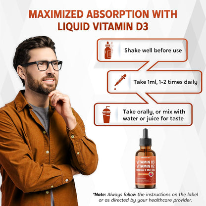 Vitamin D3 10,000 IU & K2 150mcg Liquid Drops with Omega-3 MCT Oil – Immune Support, Heart & Joint Health, Bone & Muscle Support – Raspberry Flavour – 60ml