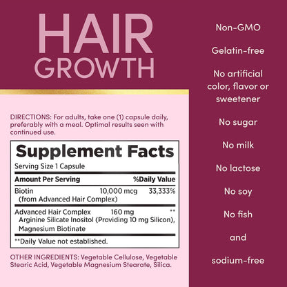 Nature's Bounty Optimal Solutions Hair Growth Supplement with Biotin, Silicon & Arginine, 30 Capsules